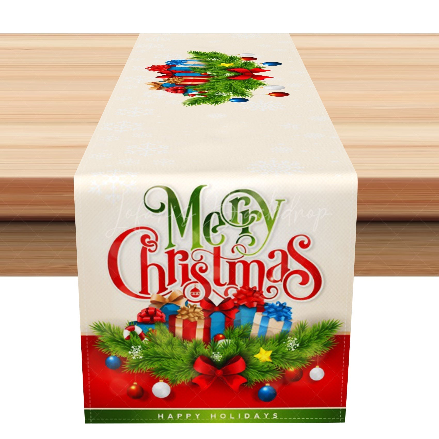 Lofaris Beige Snowflakes Gifts Pine Leaves Xmas Table Runner