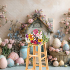 Lofaris Beige Wall Pink Floral Cabin Eggs Easter Backdrop