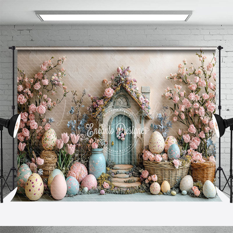 Lofaris Beige Wall Pink Floral Cabin Eggs Easter Backdrop