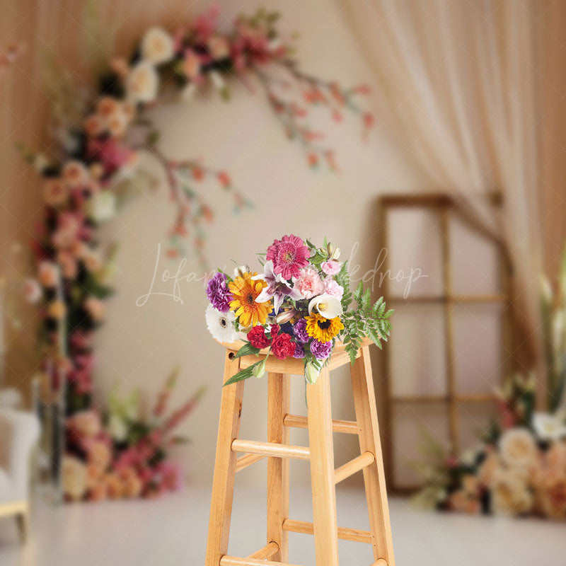 Lofaris Beige Wall Romantic Floral Wedding Photo Backdrop