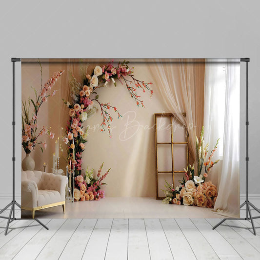 Lofaris Beige Wall Romantic Floral Wedding Photo Backdrop