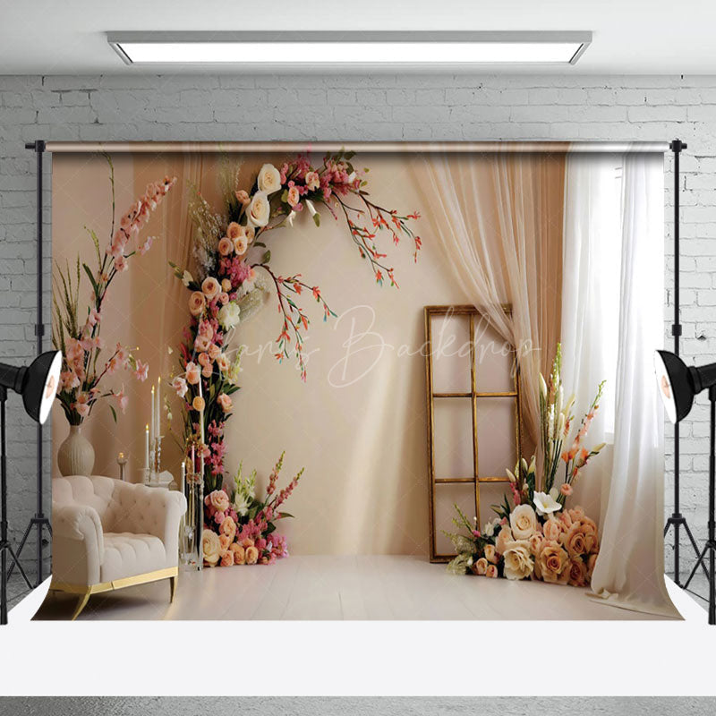 Lofaris Beige Wall Romantic Floral Wedding Photo Backdrop