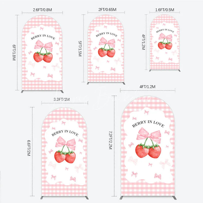 Lofaris Berry In Love Arch Backdrop Pink Gingham Strawberry Bow Background Cute Girl Baby Shower Cover Photo Prop