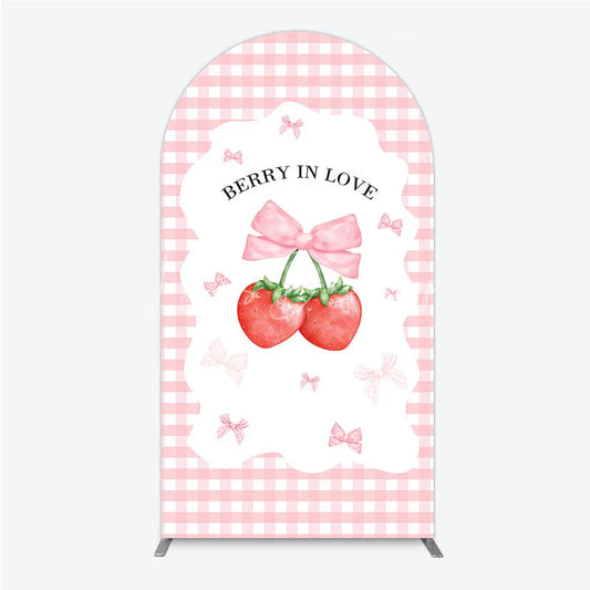 Lofaris Berry In Love Arch Backdrop Pink Gingham Strawberry Bow Background Cute Girl Baby Shower Cover Photo Prop