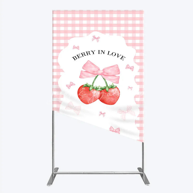 Lofaris Berry In Love Rectangle Backdrop Pink Gingham Strawberry Bow Background Cute Girl Baby Shower Cover Photo Prop