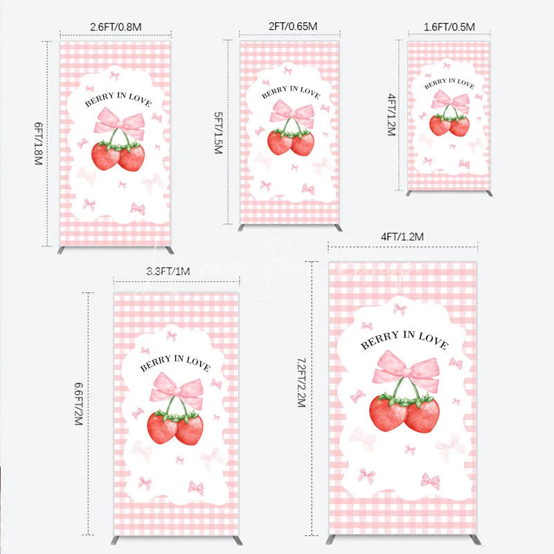Lofaris Berry In Love Rectangle Backdrop Pink Gingham Strawberry Bow Background Cute Girl Baby Shower Cover Photo Prop