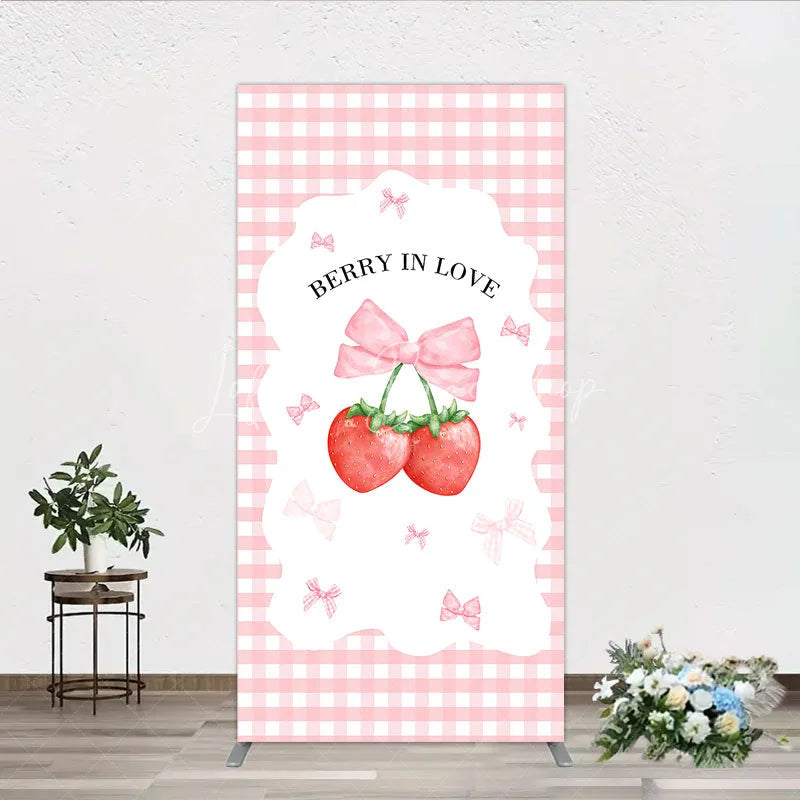 Lofaris Berry In Love Rectangle Backdrop Pink Gingham Strawberry Bow Background Cute Girl Baby Shower Cover Photo Prop