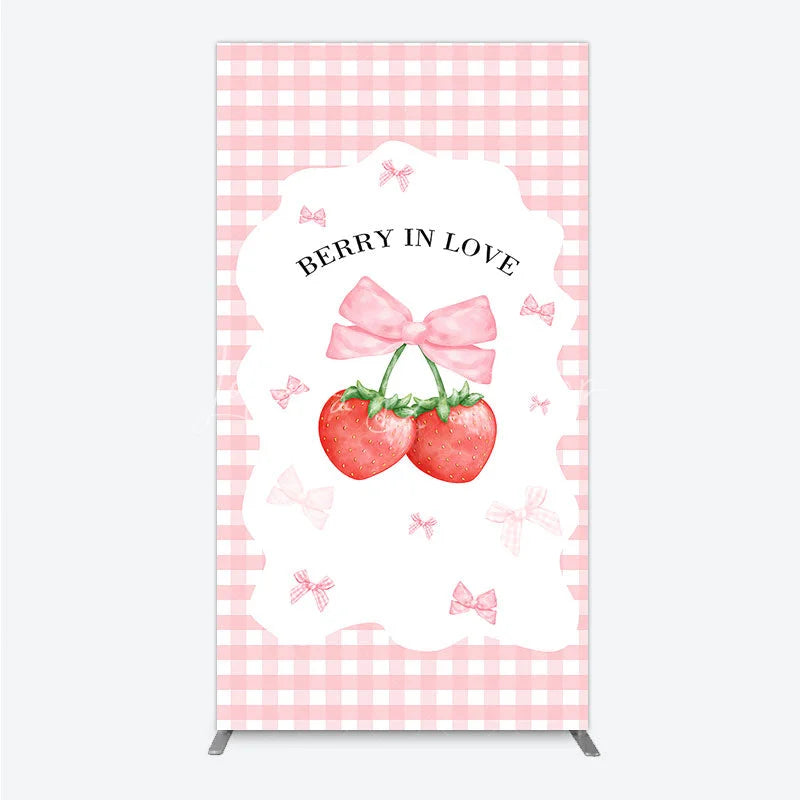 Lofaris Berry In Love Rectangle Backdrop Pink Gingham Strawberry Bow Background Cute Girl Baby Shower Cover Photo Prop