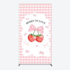 Lofaris Berry In Love Rectangle Backdrop Pink Gingham Strawberry Bow Background Cute Girl Baby Shower Cover Photo Prop