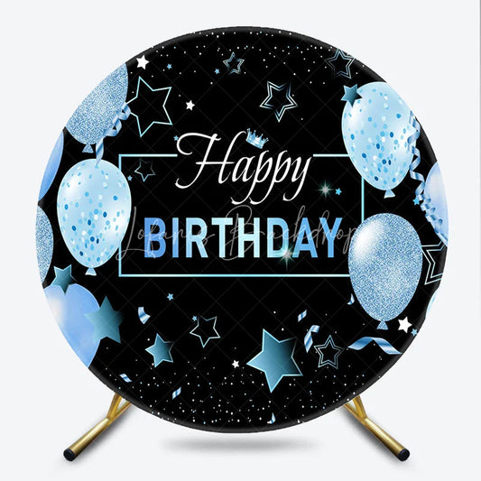 Lofaris Black and Blue Happy Birthday Round Backdrop with Glitter Balloons Stars Confetti for Festive Party Decor