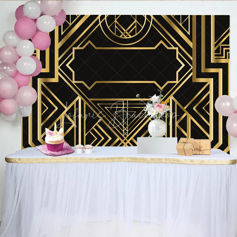 Lofaris Black and Gold Art Deco Birthday Backdrop 1920s Roaring Vintage Geometric Party Background