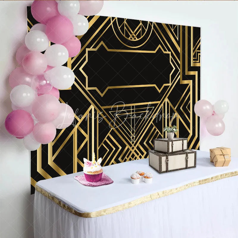 Lofaris Black and Gold Art Deco Birthday Backdrop 1920s Roaring Vintage Geometric Party Background