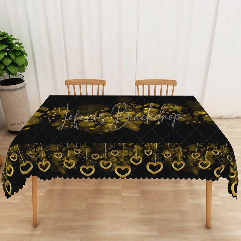 Lofaris Black and Gold Bokeh Heart Rectangle Tablecloth Glitter Light Spot Love Table Cover Romantic Dinner Anniversary Decor