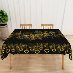 Lofaris Black and Gold Bokeh Heart Rectangle Tablecloth Glitter Light Spot Love Table Cover Romantic Dinner Anniversary Decor