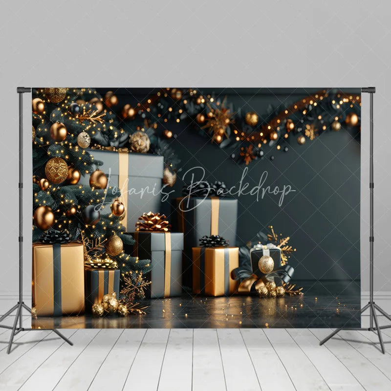 Lofaris Black and Gold Christmas Backdrop Luxury Tree Gift Box Photography Background Elegant Dark Winter Holiday Party Banner