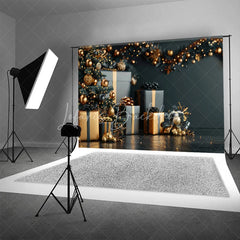 Lofaris Black and Gold Christmas Backdrop Luxury Tree Gift Box Photography Background Elegant Dark Winter Holiday Party Banner