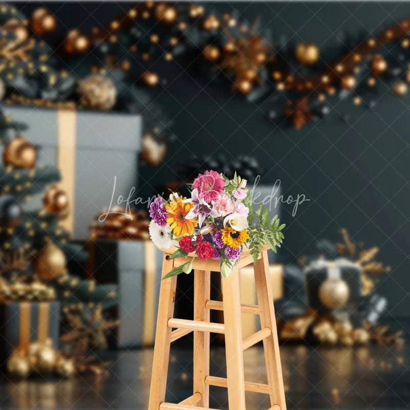 Lofaris Black and Gold Christmas Backdrop Luxury Tree Gift Box Photography Background Elegant Dark Winter Holiday Party Banner