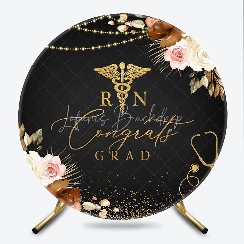 Lofaris Black and Gold Congrats Grad RN Round Backdrop with Stethoscope Elegant Floral Decor for Nurse Graduation Party