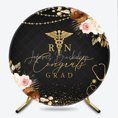 Lofaris Black and Gold Congrats Grad RN Round Backdrop with Stethoscope Elegant Floral Decor for Nurse Graduation Party