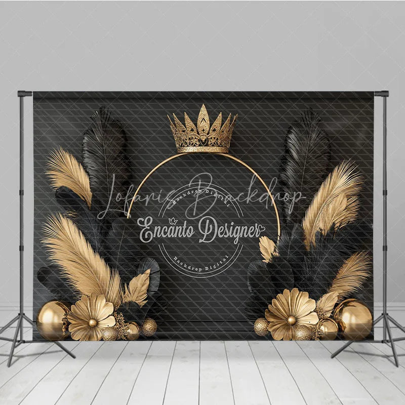 Lofaris Black and Gold Crown Combo Set Backdrop Elegant Feathers Marble Floor Photography Studio Background