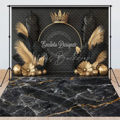 Lofaris Black and Gold Crown Combo Set Backdrop Elegant Feathers Marble Floor Photography Studio Background