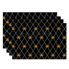 Lofaris Black and Gold Crown Placemats Set of 4 Elegant Repeating Pattern for Royal Themed Party Events