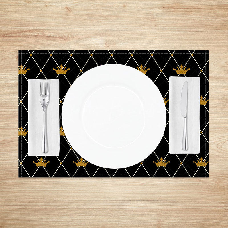 Lofaris Black and Gold Crown Placemats Set of 4 Elegant Repeating Pattern for Royal Themed Party Events