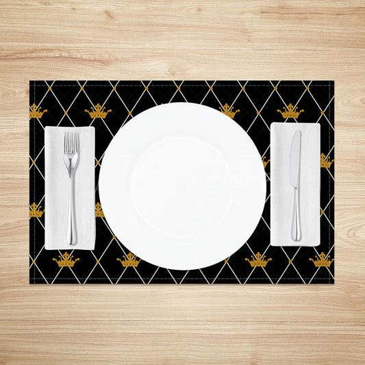 Lofaris Black and Gold Crown Placemats Set of 4 Elegant Repeating Pattern for Royal Themed Party Events