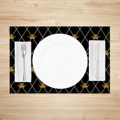 Lofaris Black and Gold Crown Placemats Set of 4 Elegant Repeating Pattern for Royal Themed Party Events