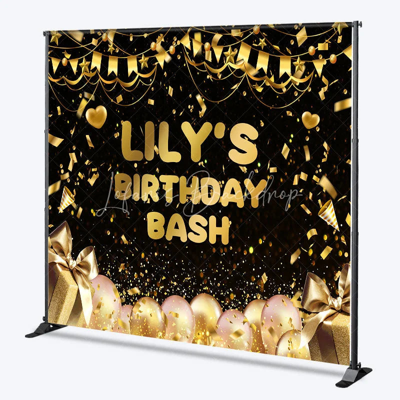 Lofaris Black and Gold Custom Birthday Backdrop with Confetti Balloons Gift Boxes for a Personalized Celebration