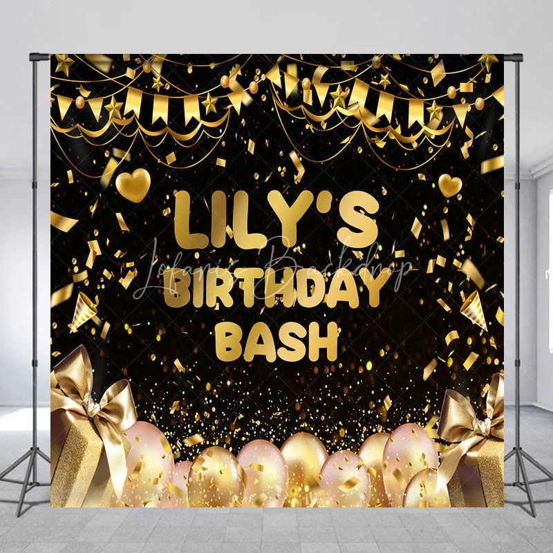 Lofaris Black and Gold Custom Birthday Backdrop with Confetti Balloons Gift Boxes for a Personalized Celebration