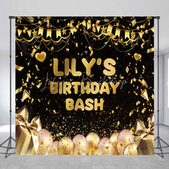 Lofaris Black and Gold Custom Birthday Backdrop with Confetti Balloons Gift Boxes for a Personalized Celebration