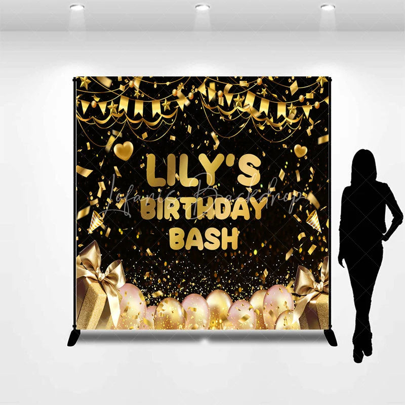 Lofaris Black and Gold Custom Birthday Backdrop with Confetti Balloons Gift Boxes for a Personalized Celebration