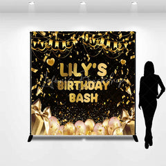 Lofaris Black and Gold Custom Birthday Backdrop with Confetti Balloons Gift Boxes for a Personalized Celebration