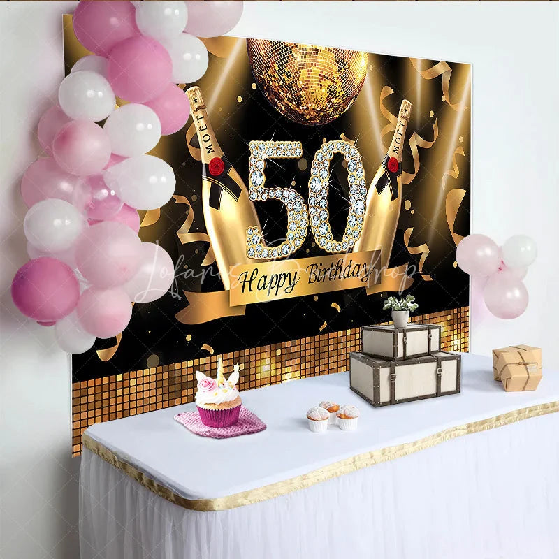 Lofaris Black and Gold Glitter 50th Birthday Backdrop with Diamond Numbers Elegant Champagne Disco Ball Party Decor
