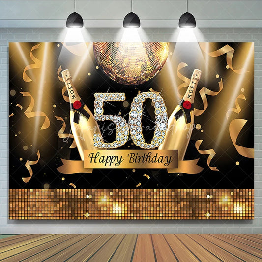 Lofaris Black and Gold Glitter 50th Birthday Backdrop with Diamond Numbers Elegant Champagne Disco Ball Party Decor