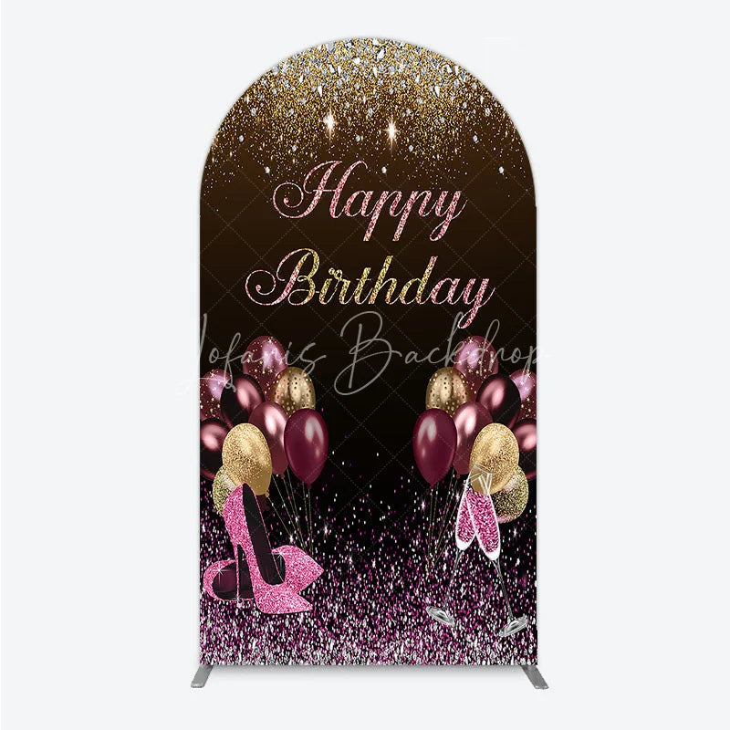 Lofaris Black and Gold Glitter Arch Backdrop High Heels Champagne Birthday Party Decor Pink Balloon Theme Background for Women