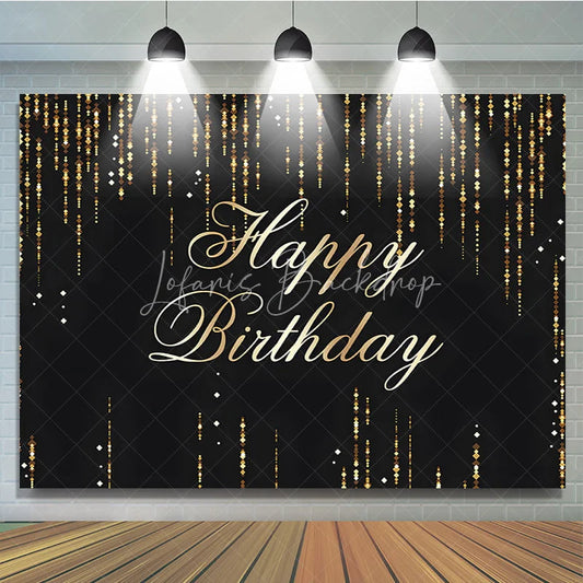 Lofaris Black and Gold Glitter Happy Birthday Backdrop Shining Sequin Rain Photography Background