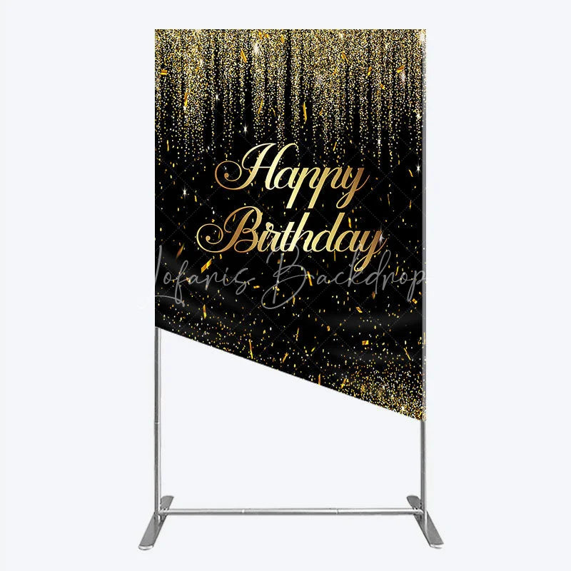 Lofaris Black and Gold Glitter Happy Birthday Rectangle Arch Backdrop Elegant Confetti Party Decoration for Celebrations