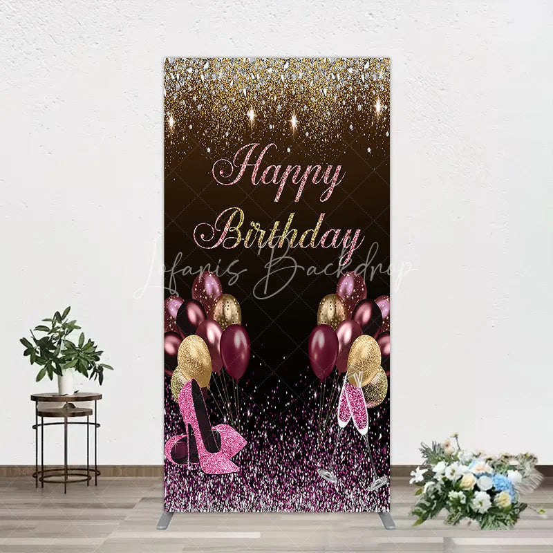 Lofaris Black and Gold Glitter Rectangle Backdrop High Heels Champagne Birthday Party Decor Pink Balloon Theme Background for Women