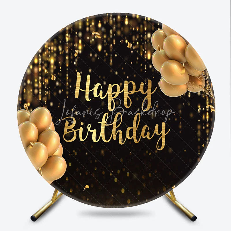 Lofaris Black and Gold Happy Birthday Round Backdrop Glitter Bokeh Lights Balloons Party Cover