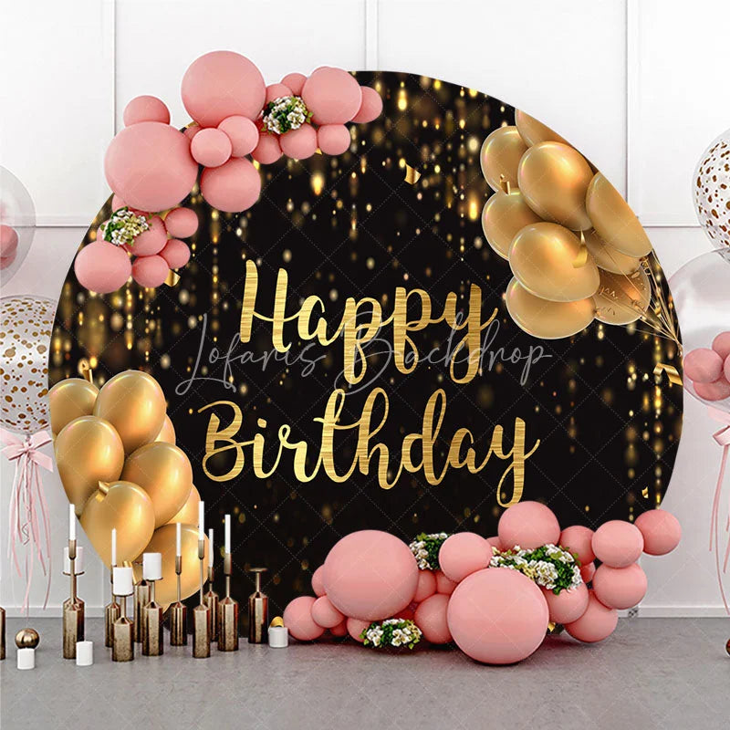 Lofaris Black and Gold Happy Birthday Round Backdrop Glitter Bokeh Lights Balloons Party Cover