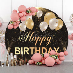 Lofaris Black and Gold Happy Birthday Round Backdrop with Balloons Confetti Elegant Champagne Celebration Party Decor