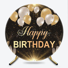 Lofaris Black and Gold Happy Birthday Round Backdrop with Balloons Confetti Elegant Champagne Celebration Party Decor
