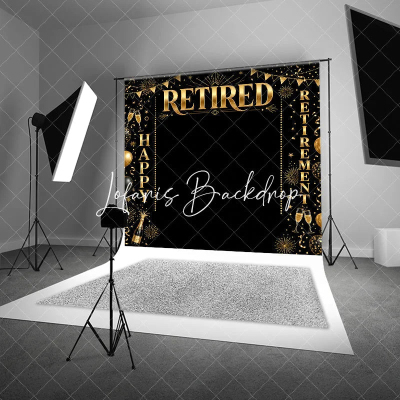 Lofaris Black and Gold Happy Retirement Celebration Holiday Backdrop Elegant Party Decor with Balloons Champagne