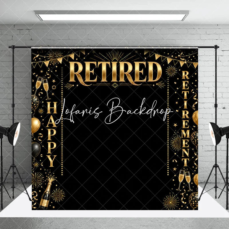 Lofaris Black and Gold Happy Retirement Celebration Holiday Backdrop Elegant Party Decor with Balloons Champagne