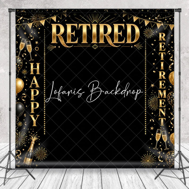 Lofaris Black and Gold Happy Retirement Celebration Holiday Backdrop Elegant Party Decor with Balloons Champagne