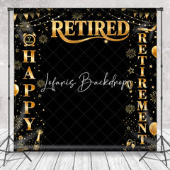 Lofaris Black and Gold Happy Retirement Party Holiday Backdrop with Fireworks Champagne Elegant Celebration Decor