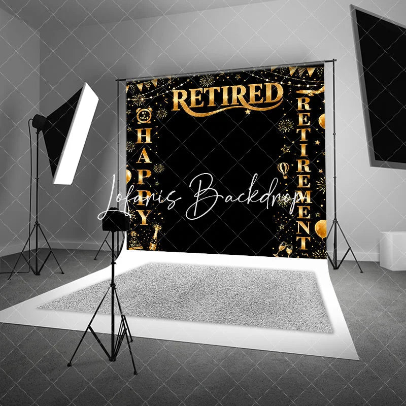 Lofaris Black and Gold Happy Retirement Party Holiday Backdrop with Fireworks Champagne Elegant Celebration Decor