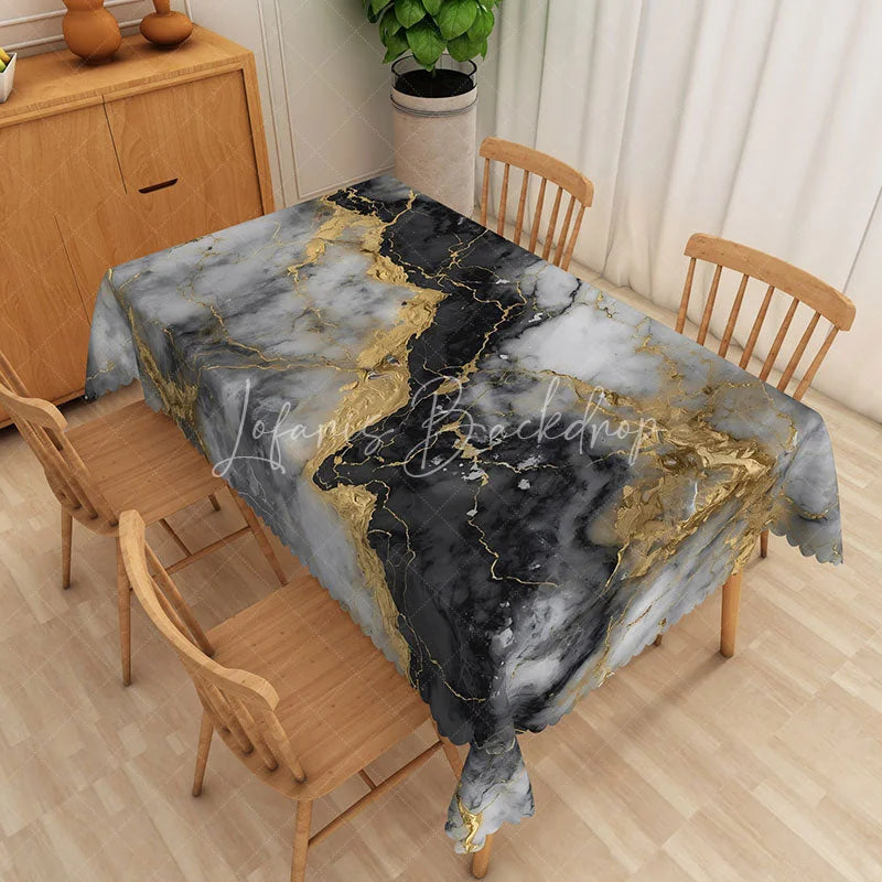 Lofaris Black and Gold Marble Texture Rectangle Tablecloth Luxury Stone Vein Table Cover Modern Formal Decor